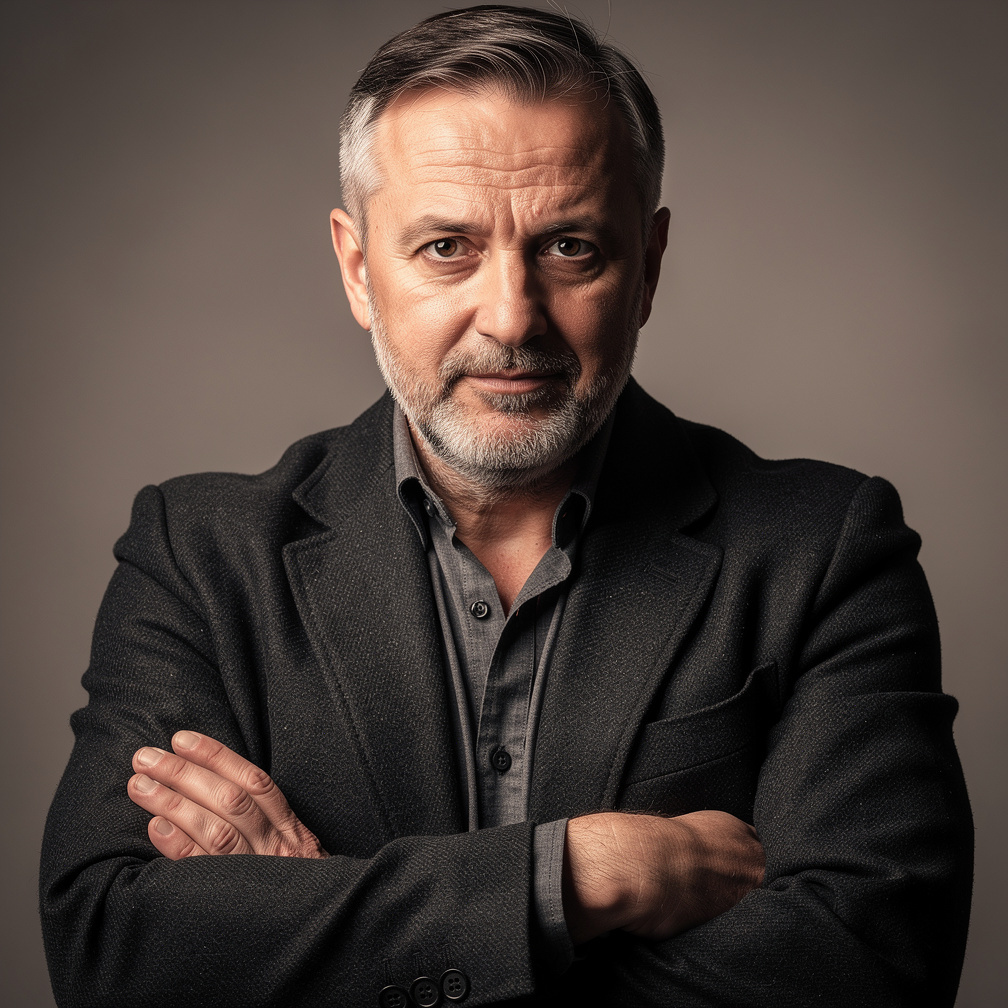 Portrait of a middle-aged Croatian mystery writer in a dark coat