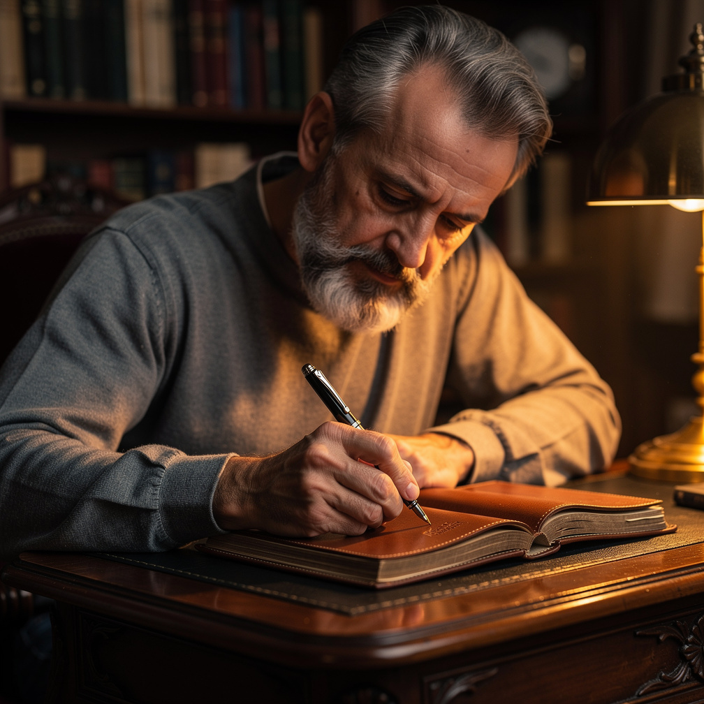 Croatian writer sitting at an old wooden desk writing by lamplight